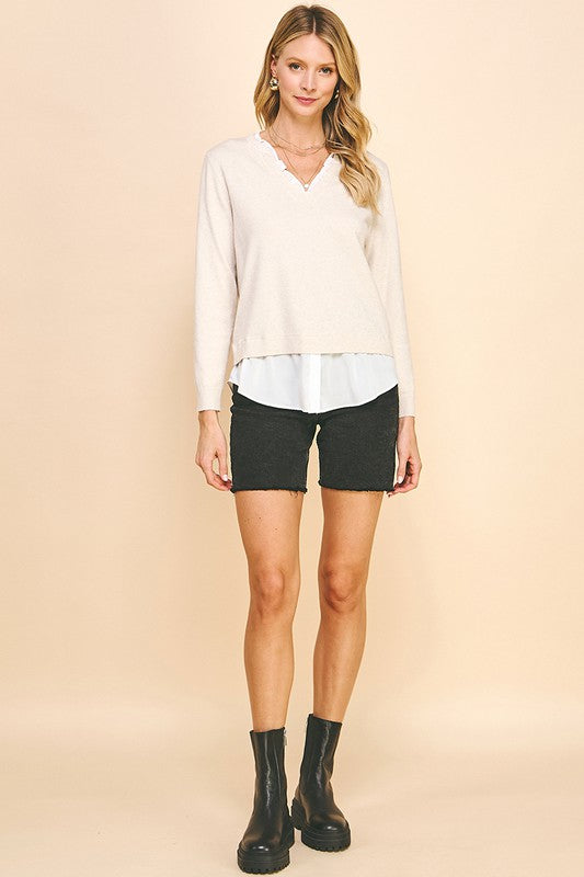 V Neck Knit Woven Combo Top
