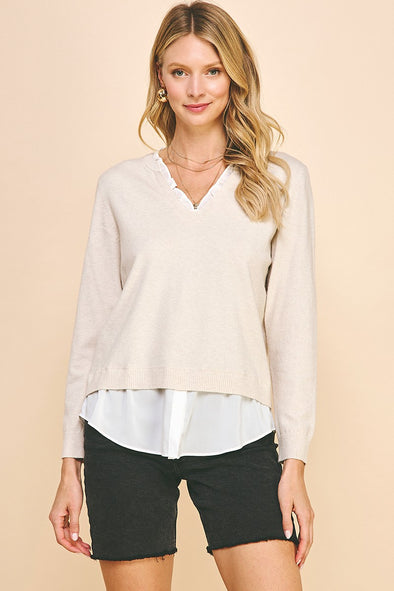 V Neck Knit Woven Combo Top