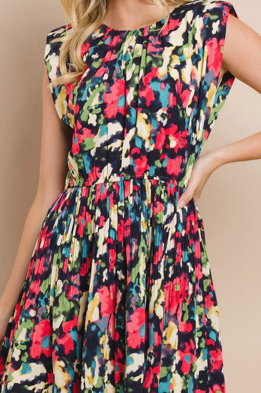 Abstract Printed Shoulder Padded Dress In Black Or Fuchsia
