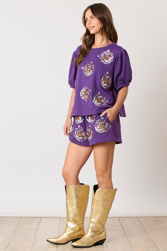 Tiger Face Sequins Embroidery Shorts