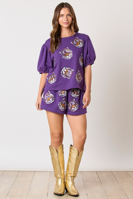 Tiger Face Sequins Embroidery Shorts