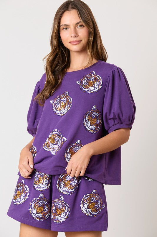 Tiger Face Sequins Embroidery Shorts