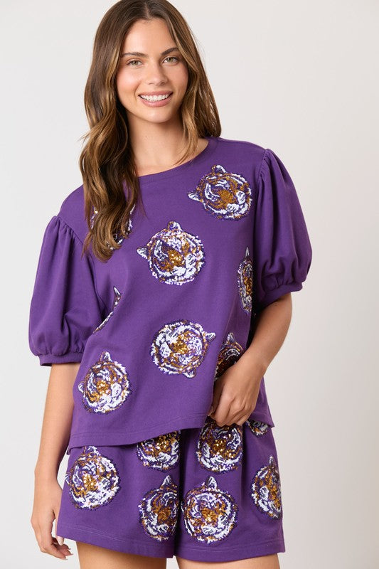 Tiger Face Sequins Embroidery Shorts