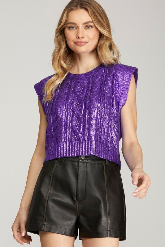 Sleeveless Cable Knit Metallic Crop Sweater In 3 Colors