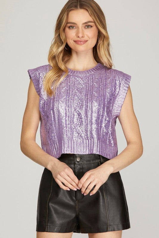 Sleeveless Cable Knit Metallic Crop Sweater In 3 Colors