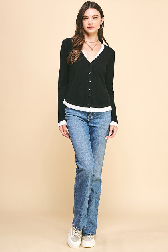 V Neck Button Down Sweater Combo Top