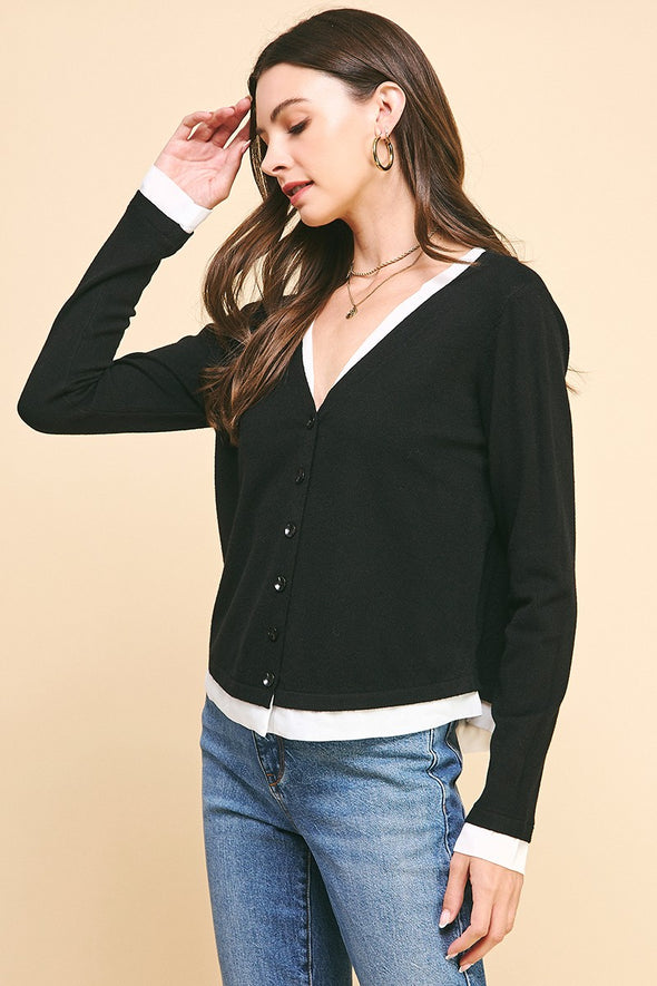 V Neck Button Down Sweater Combo Top