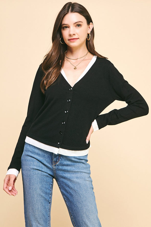 V Neck Button Down Sweater Combo Top