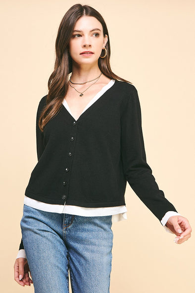 V Neck Button Down Sweater Combo Top