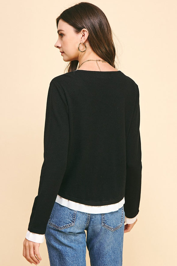 V Neck Button Down Sweater Combo Top