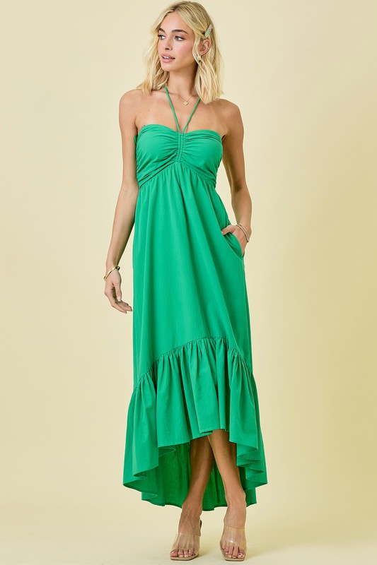 Ruched Halter Midi Dress With Ruffle Hem NOLA BOO Ruched Halter Midi Dress With Ruffle Hem NOLA BOO
