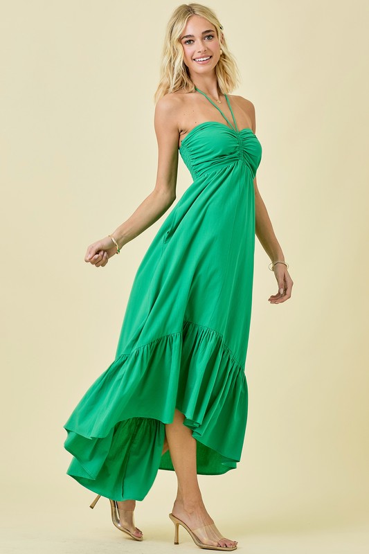 Ruched Halter Midi Dress With Ruffle Hem NOLA BOO Ruched Halter Midi Dress With Ruffle Hem NOLA BOO