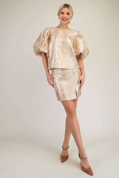 Metallic Leopard Jacquard Puff Sleeve Top