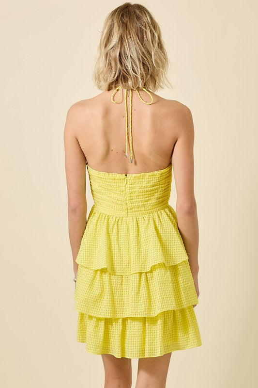 Gingham Ruched Halter Multi Tiered Mini Dress In 3 Colors