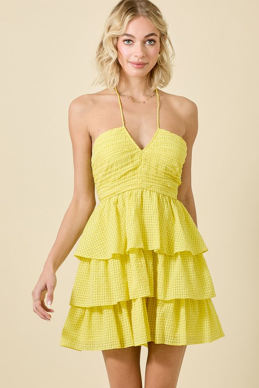Gingham Ruched Halter Multi Tiered Mini Dress In 3 Colors