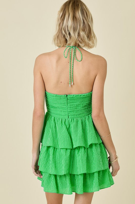 Gingham Ruched Halter Multi Tiered Mini Dress In 3 Colors