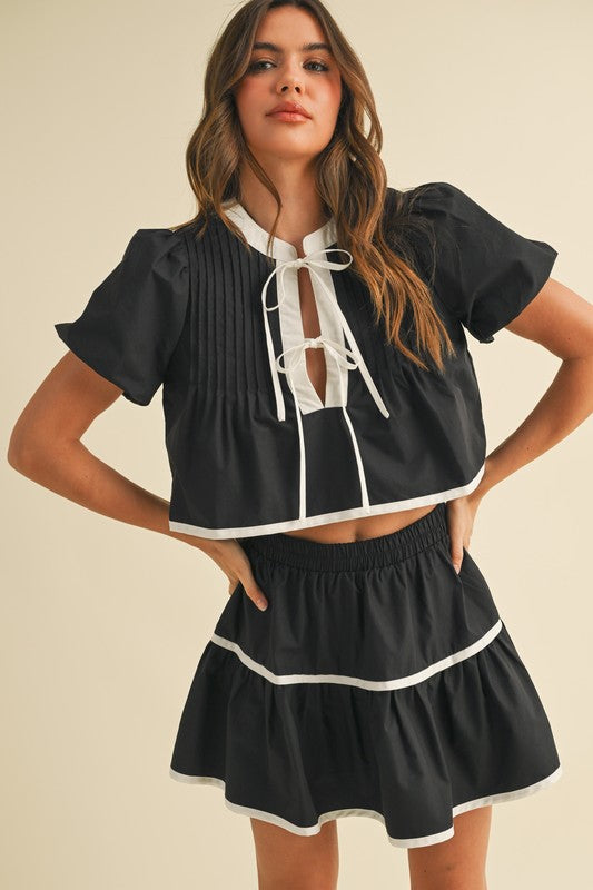 Contrast Tie Top And Tiered Mini Skirt Set