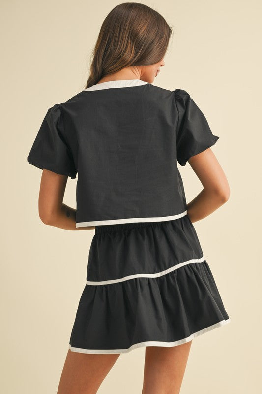 Contrast Tie Top And Tiered Mini Skirt Set