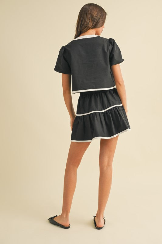 Contrast Tie Top And Tiered Mini Skirt Set