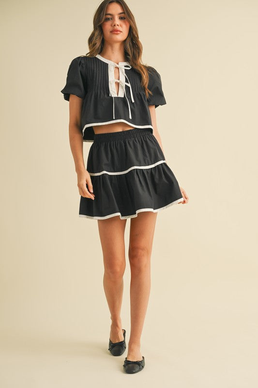 Contrast Tie Top And Tiered Mini Skirt Set