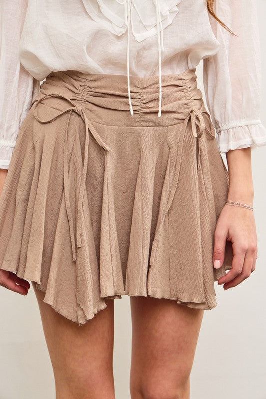 Ruched Tie Waist Asymmetrical Pleats Skort In 2 Colors