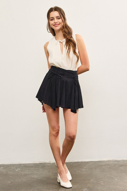 Ruched Tie Waist Asymmetrical Pleats Skort In 2 Colors