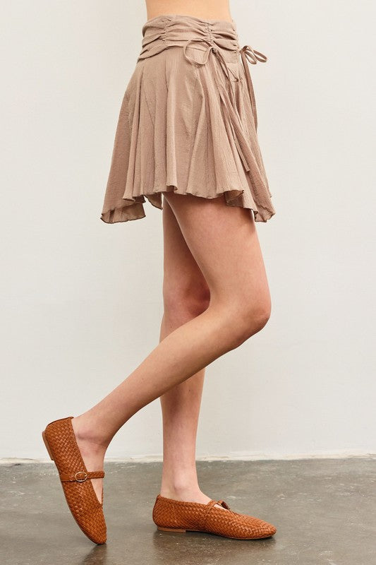 Ruched Tie Waist Asymmetrical Pleats Skort In 2 Colors