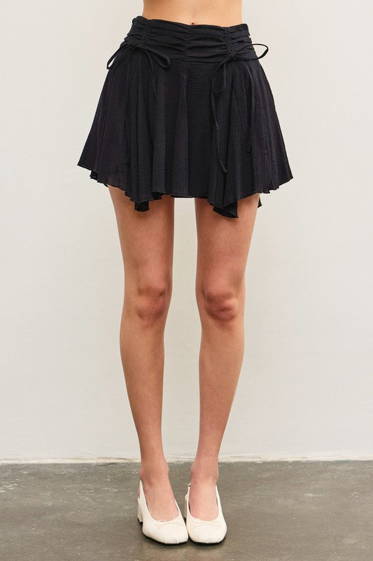 Ruched Tie Waist Asymmetrical Pleats Skort In 2 Colors