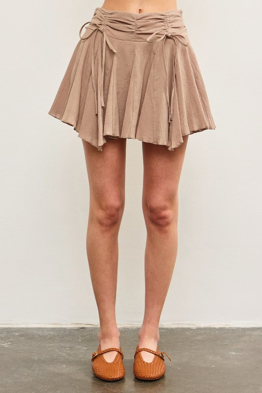Ruched Tie Waist Asymmetrical Pleats Skort In 2 Colors