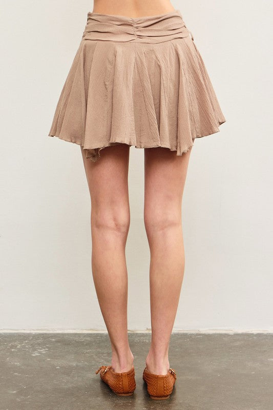 Ruched Tie Waist Asymmetrical Pleats Skort In 2 Colors