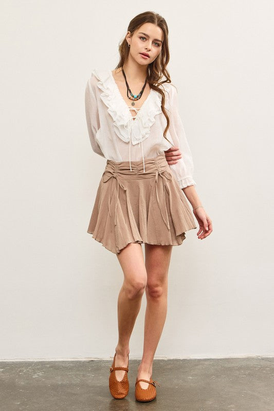 Ruched Tie Waist Asymmetrical Pleats Skort In 2 Colors
