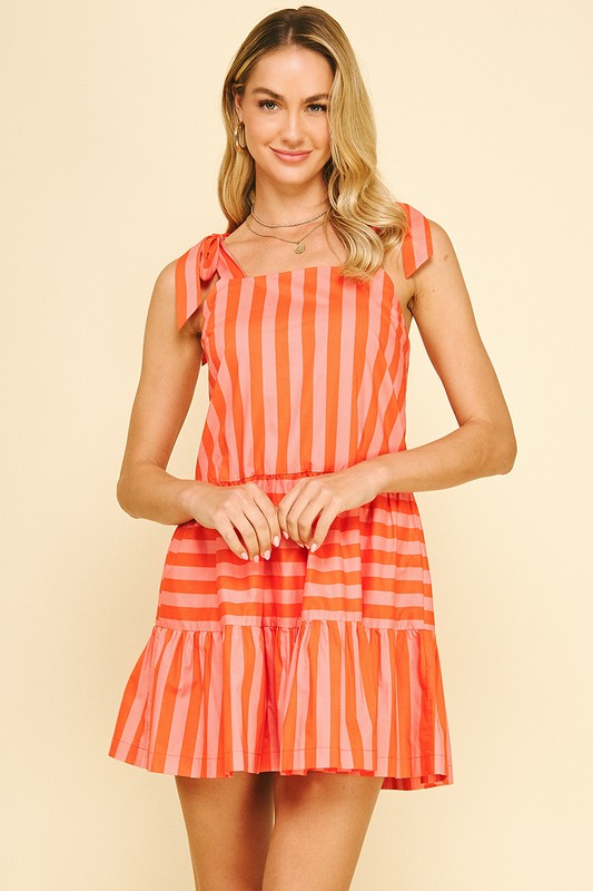 Striped Self Tie Sleeve Mini Dress