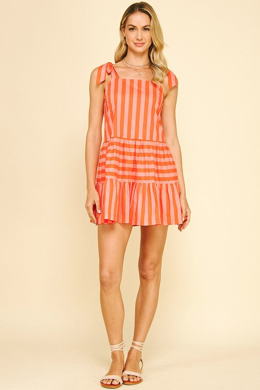 Striped Self Tie Sleeve Mini Dress
