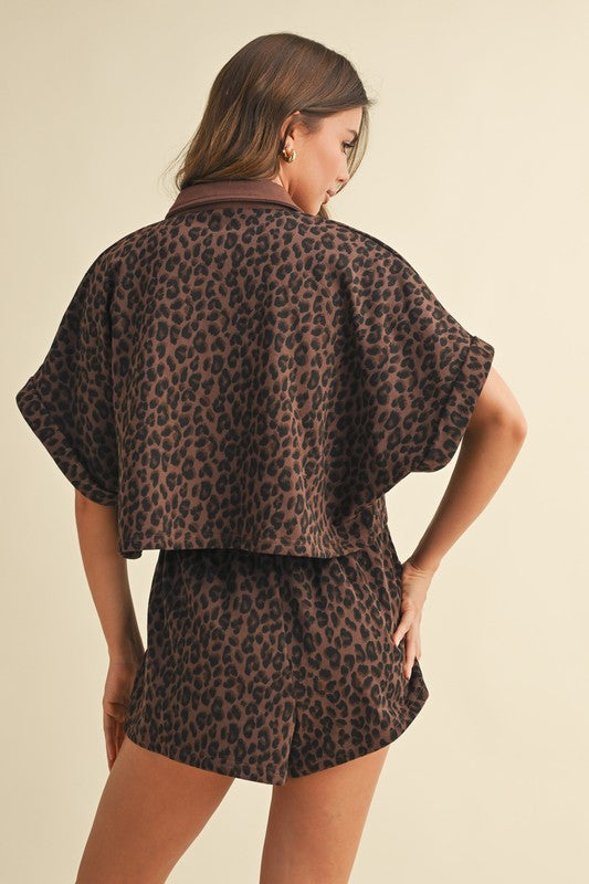 Leopard Cropped Shirt Sleeve and Shorts Set