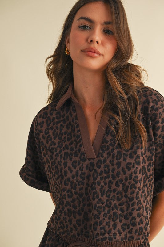 Leopard Cropped Shirt Sleeve and Shorts Set
