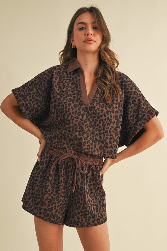 Leopard Cropped Shirt Sleeve and Shorts Set