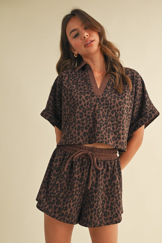 Leopard Cropped Shirt Sleeve and Shorts Set