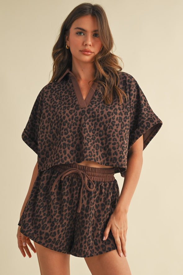 Leopard Cropped Shirt Sleeve and Shorts Set