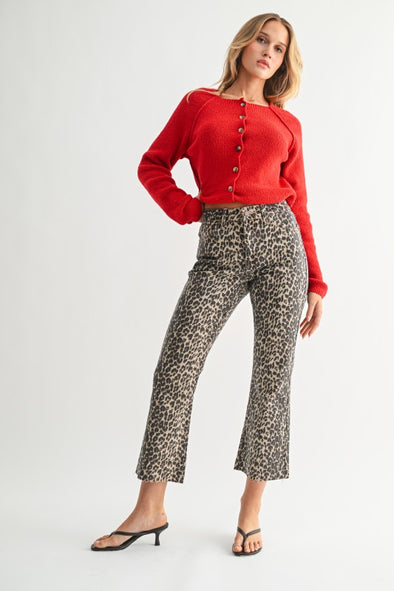 Leopard Print Denim Jeans High Rise Crop Flare W/ Distressed Hem