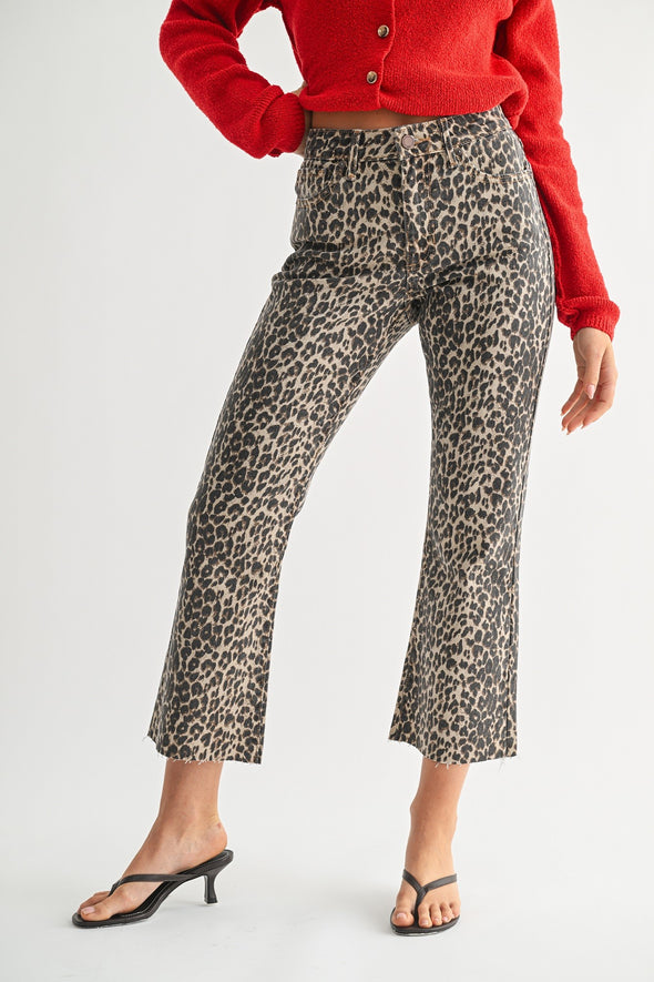 Leopard Print Denim Jeans High Rise Crop Flare W/ Distressed Hem