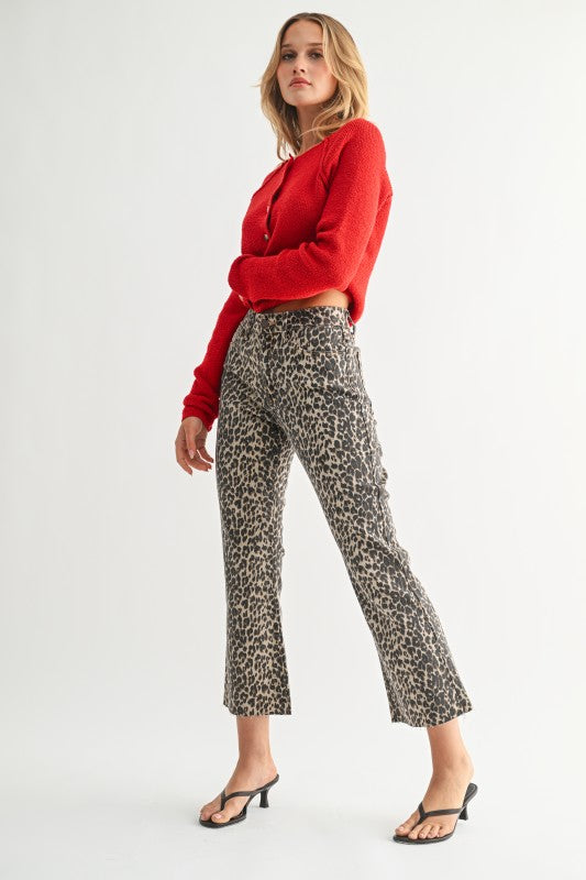 Leopard Print Denim Jeans High Rise Crop Flare W/ Distressed Hem