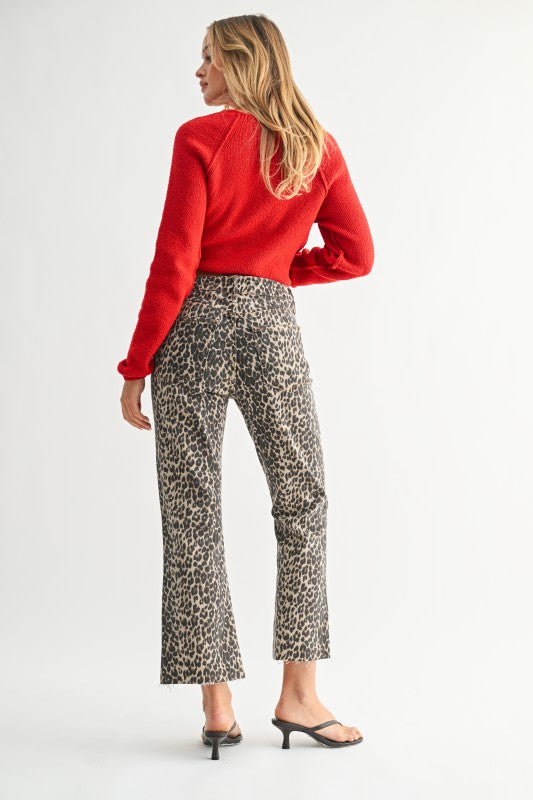 Leopard Print Denim Jeans High Rise Crop Flare W/ Distressed Hem