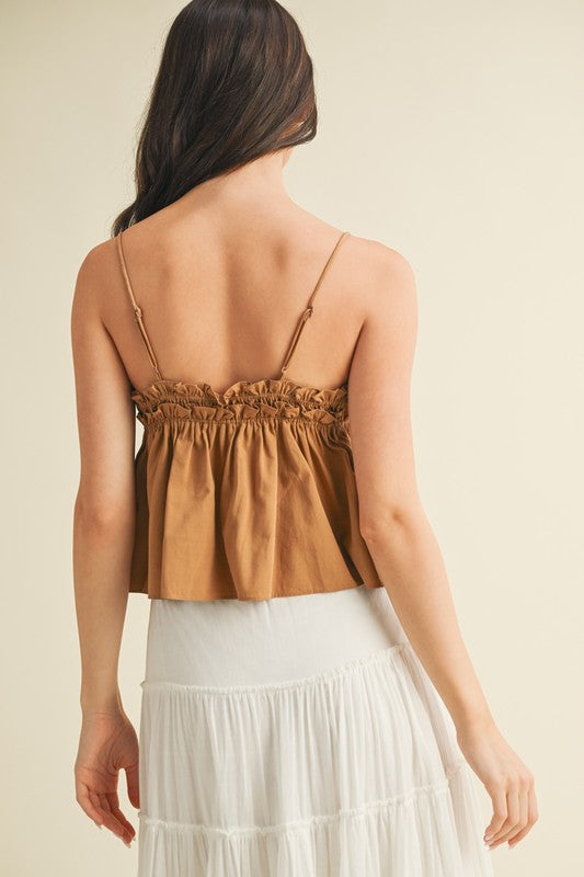 Elastic Ruffle V Neck Cami Top In 3 Colors