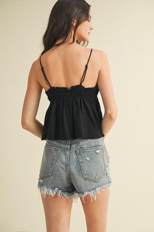 Elastic Ruffle V Neck Cami Top In 3 Colors