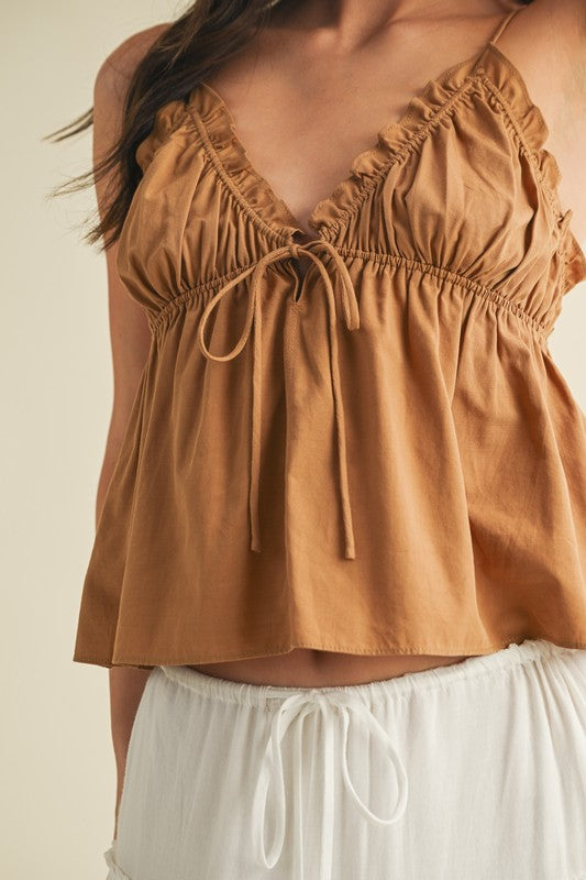 Elastic Ruffle V Neck Cami Top In 3 Colors