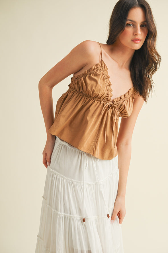Elastic Ruffle V Neck Cami Top In 3 Colors