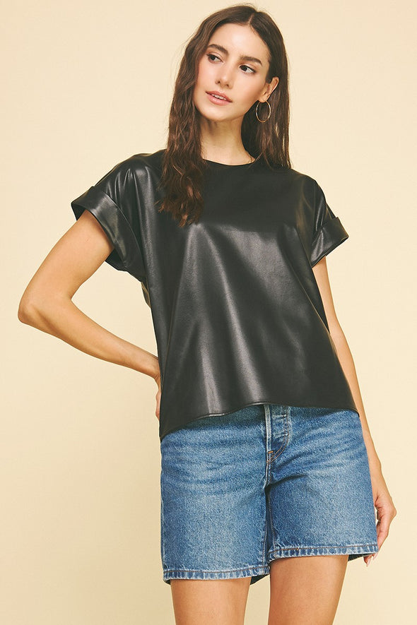 Faux Leather Cap Sleeve Top