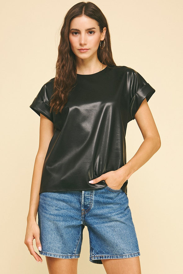Faux Leather Cap Sleeve Top