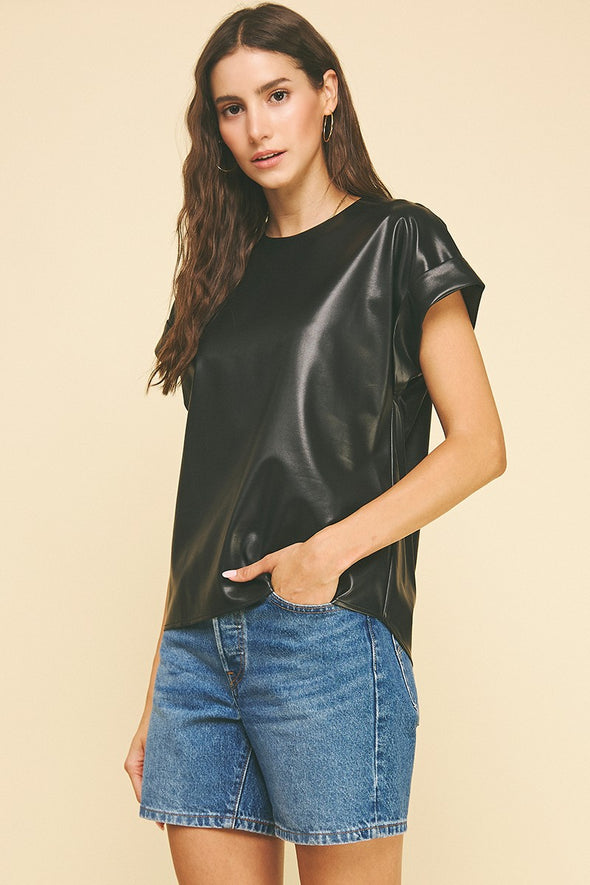 Faux Leather Cap Sleeve Top