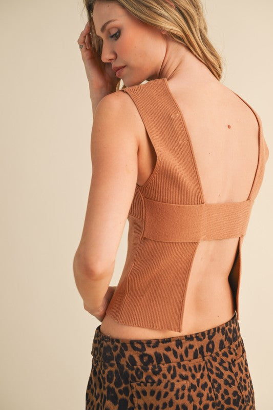 Sleeveless Knit Open Back Top in Cream or Mocha